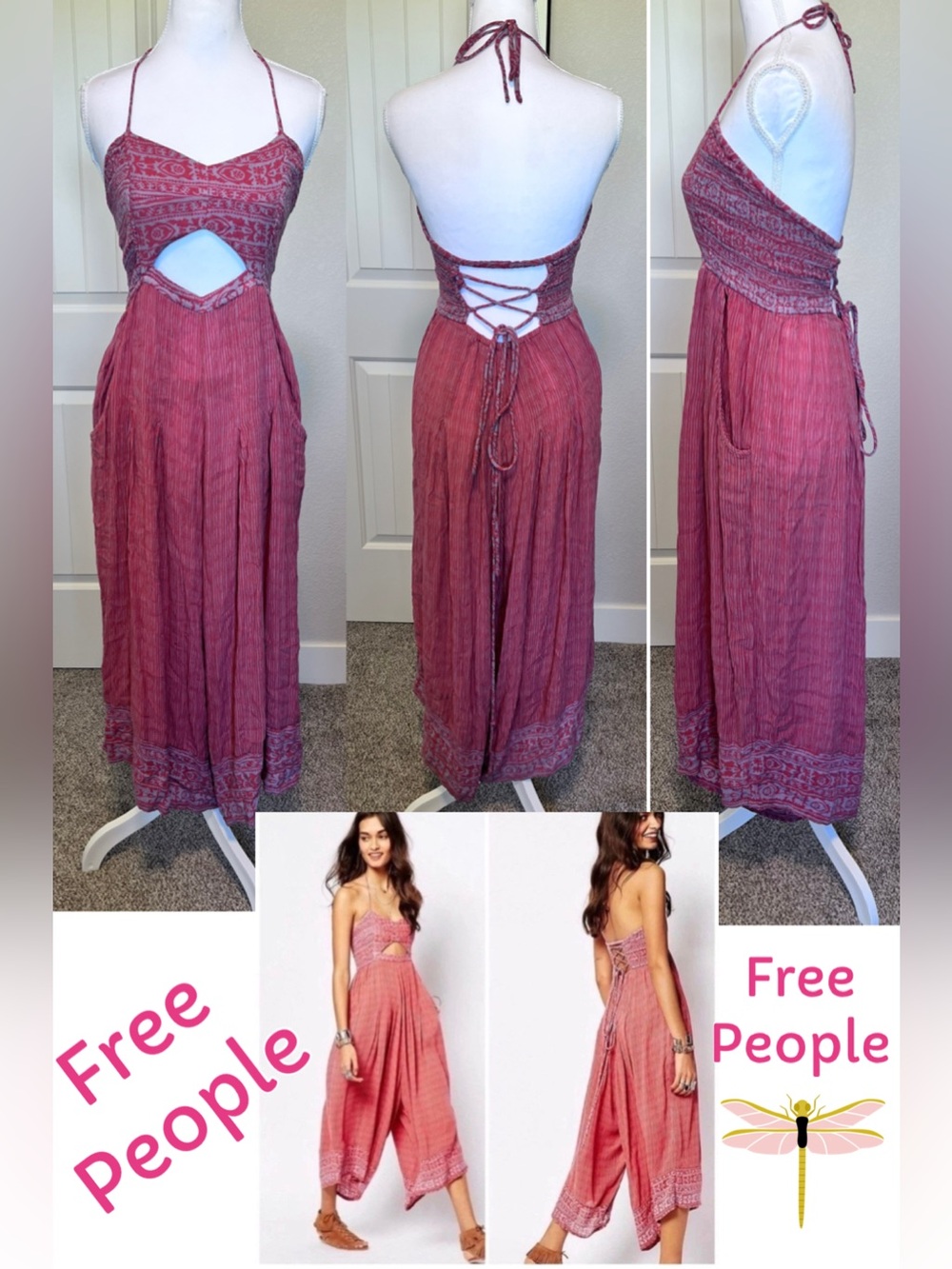 Free People Jumpsuit Crystal Bay Cut out in front Tie up back Pockets Medium